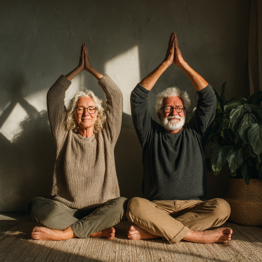 Група літніх людей займається медитацією у природному оточенні